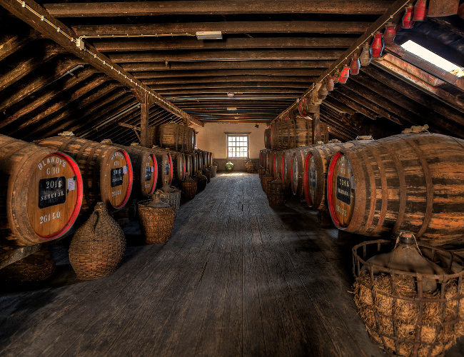 madeira wines maturing in casks in a warehouse